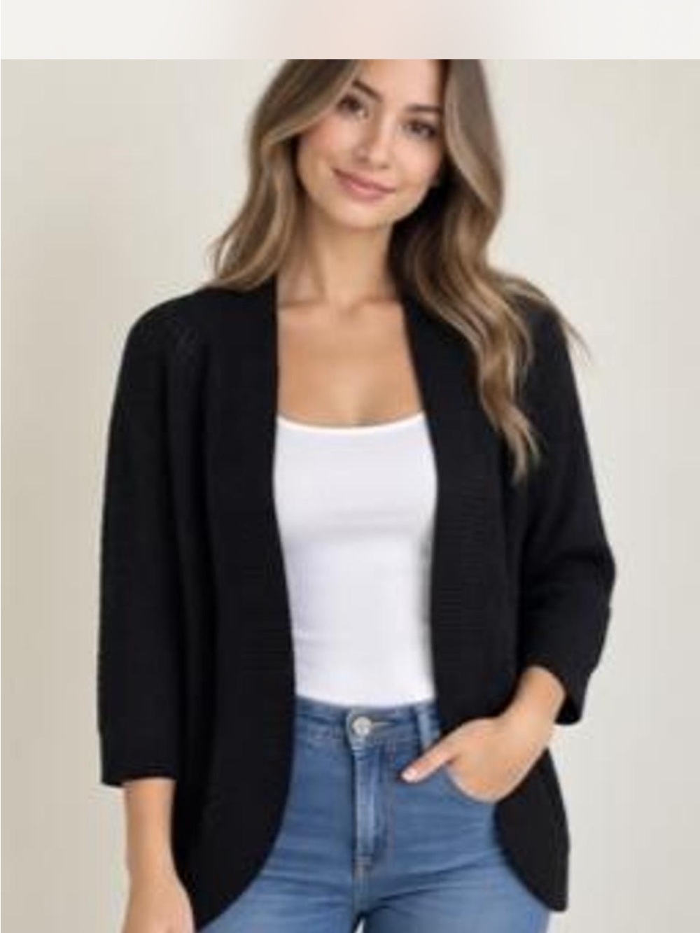 Classic black open-front cardigan by Croft & Barrow. Features a textured knit